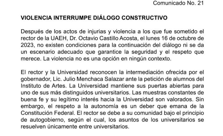 La Universidad Autónoma del Estado de Hidalgo Justifico Su Rechazo a la Mediación del Gobernador Julio Menchaca.