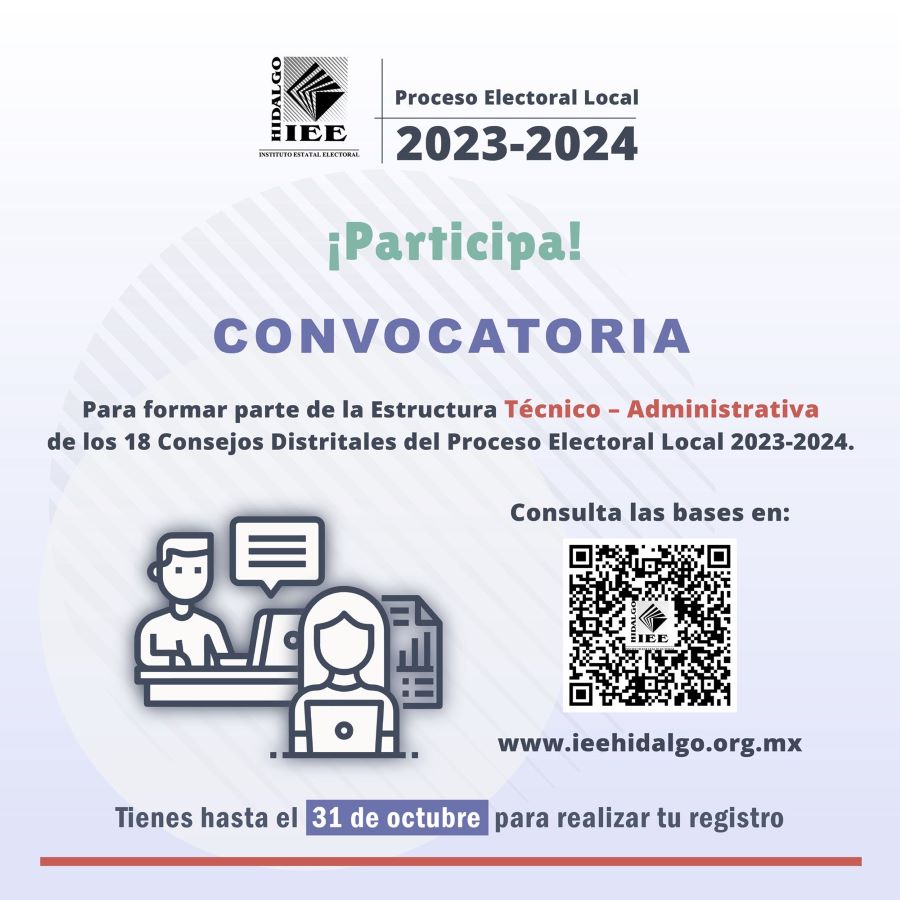 IEEH Emite Convocatoria Para Ocupar Cargos de la Estructura Técnico-Administrativa de los 18 Consejos Distritales para las Elecciones 2024