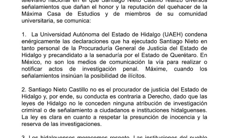 UAEH Demanda a Santiago Nieto Respetar La Presunción de Inocencia y la Reserva de las Investigaciones