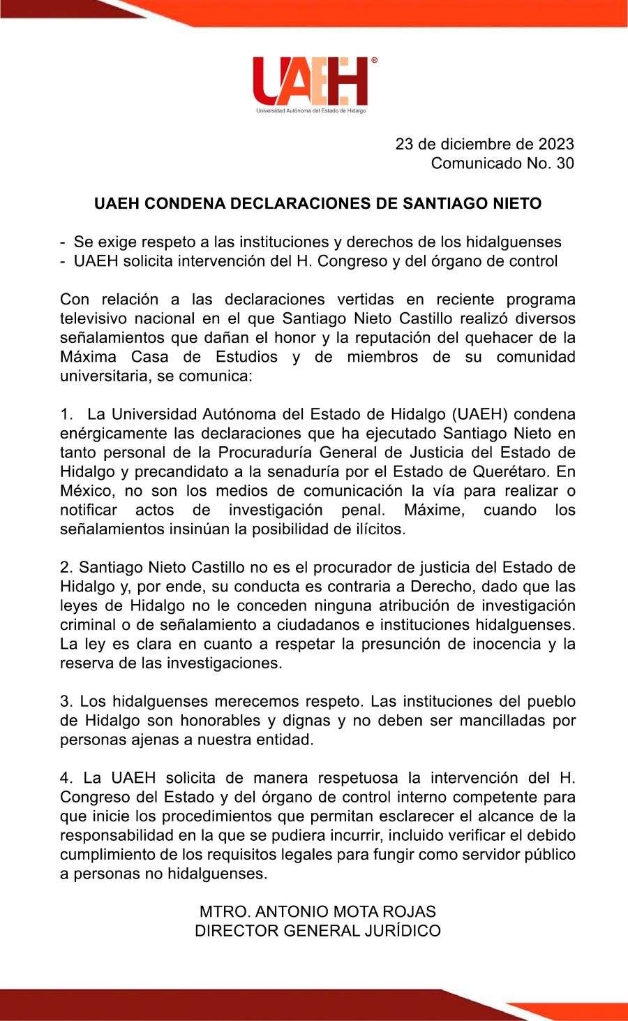 UAEH Demanda a Santiago Nieto Respetar La Presunción de Inocencia y la Reserva de las Investigaciones