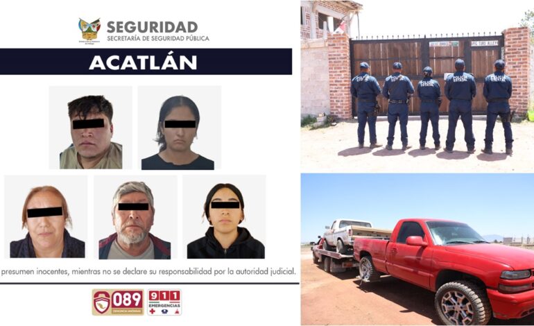 SSPEH en Cateo Detiene a Cinco Personas, Asegura Siete Vehículos y Narcóticos en Acatlán