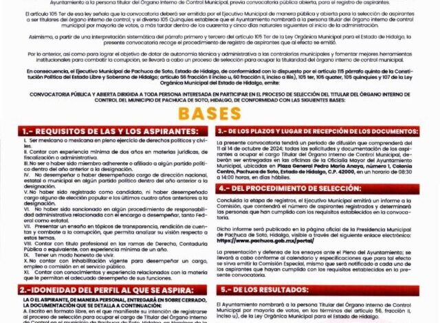 Ayuntamiento de Pachuca Emitió Convocatoria Para Seleccionar al Titular del Órgano Interno de Control del Municipio